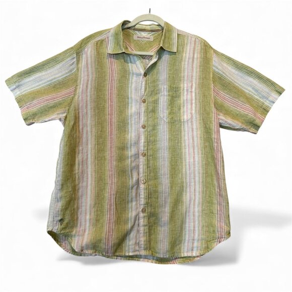 Tommy Bahama 100% Linen Striped Button Front Shirt Mens L Green Resort - Picture 1 of 7
